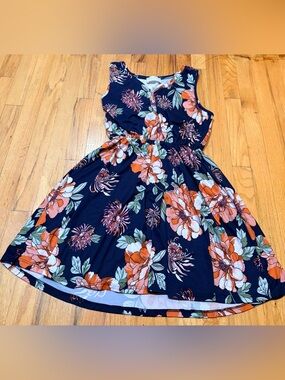 French Grey Floral Fit & Flare Dress Women’s Large Navy Orange Sleeveless
